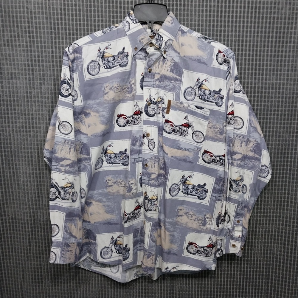 North River Button Down Shirt Mens Motorcycle Mt Rushmore Print Size M Blue Grey
